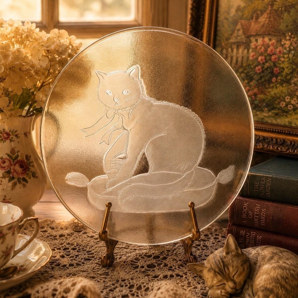 Vintage Frosted Glass Cat Plate Kitty Vanity Tray Cottagecore Decor 12 Inch